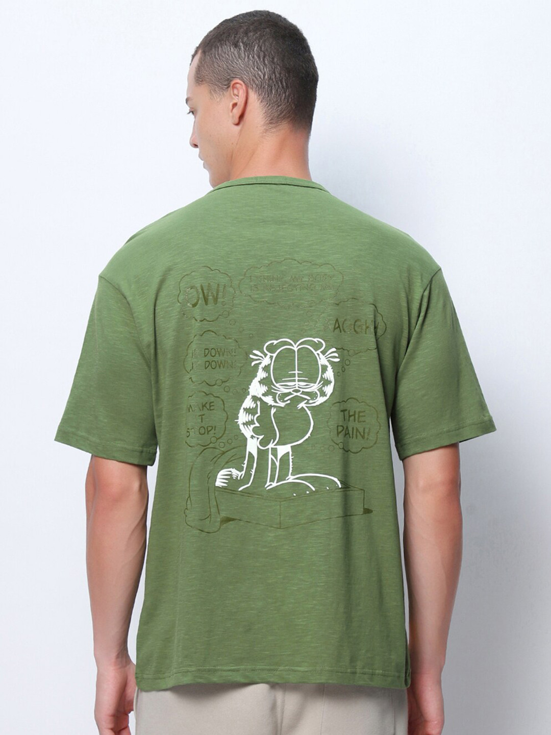 

Bewakoof Air 1.0 Rise & Shine Garfield Graphic Printed Oversized T-shirt, Green