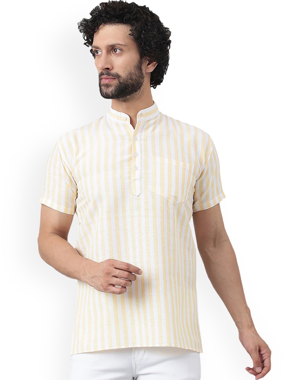 

RIAG Striped Mandarin Collar Cotton Kurta, Beige