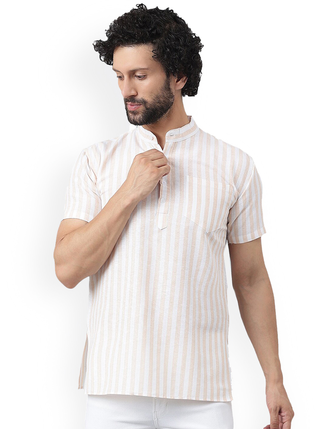 

RIAG Striped Mandarin Collar Kurta, Beige