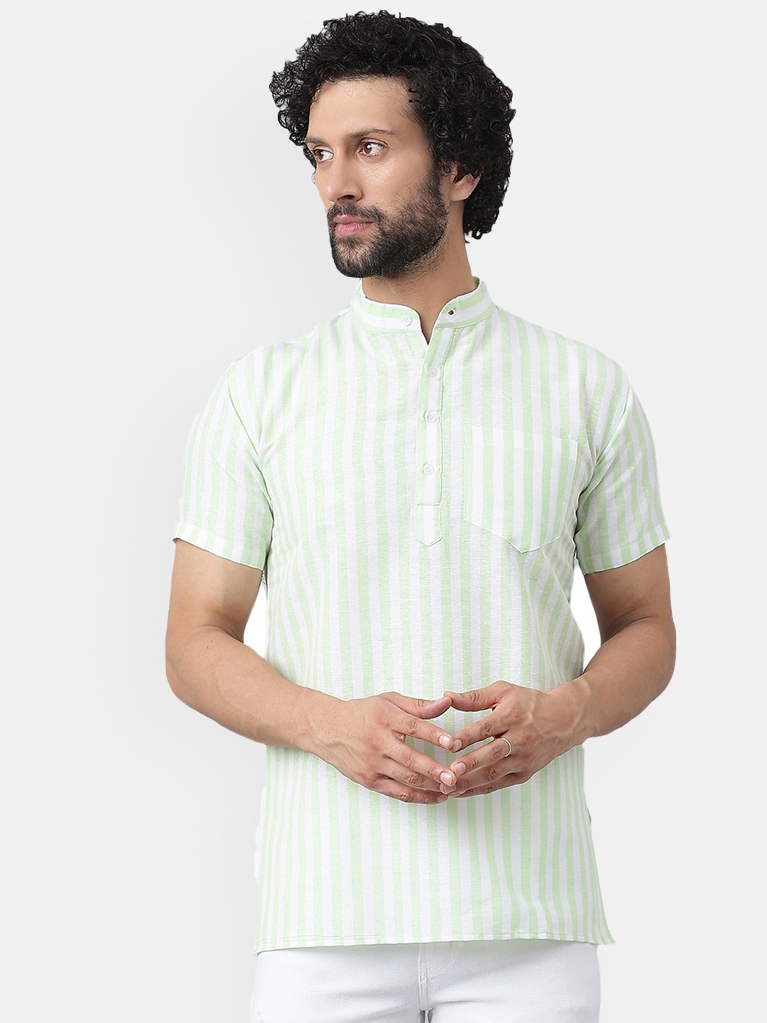 

RIAG Striped Mandarin Collar Cotton Kurta, Green