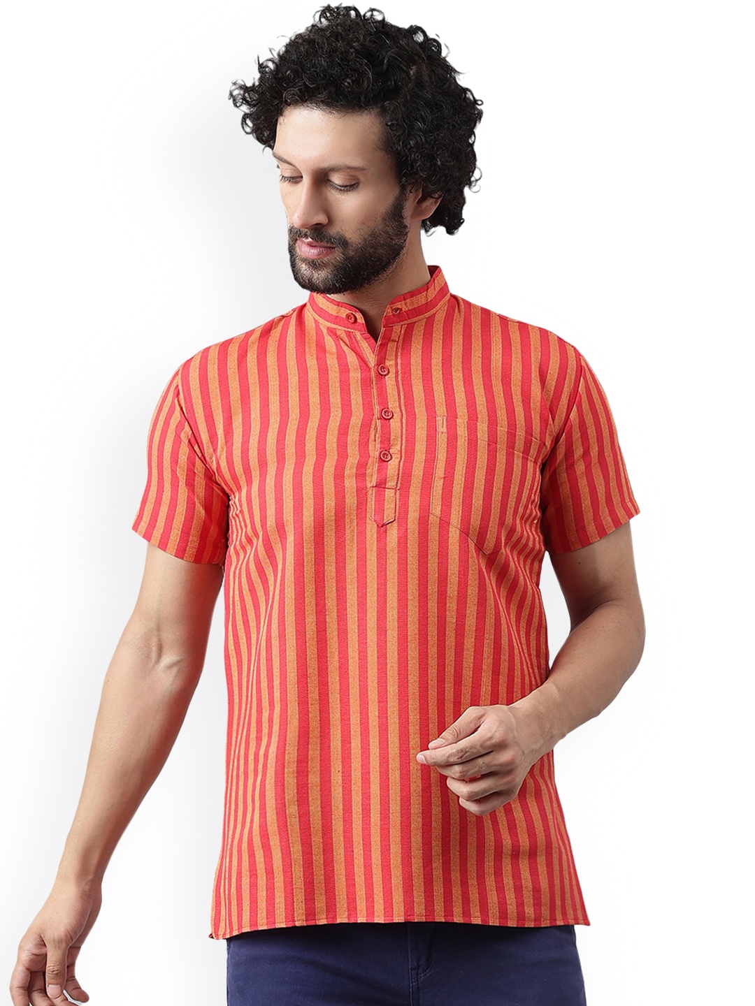

RIAG Band Collar Striped Khadi Kurta, Red