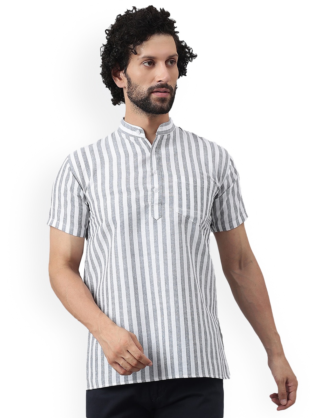 

RIAG Band Collar Striped Khadi Kurta, Grey