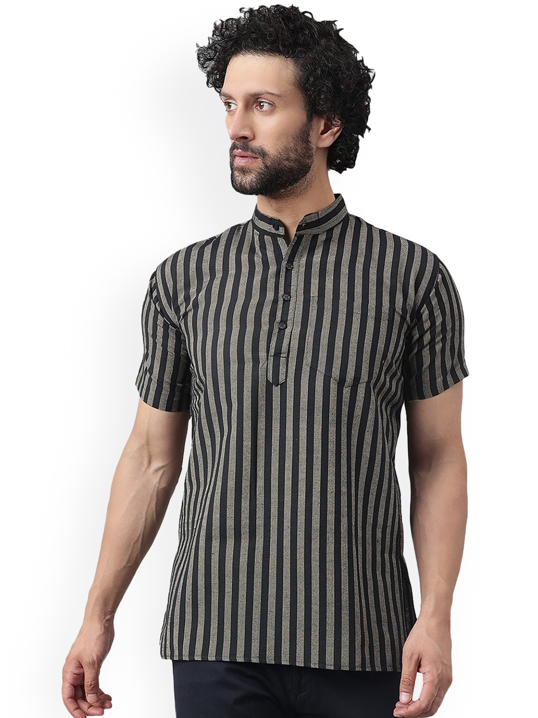 

RIAG Striped Mandarin Collar Kurta, Black