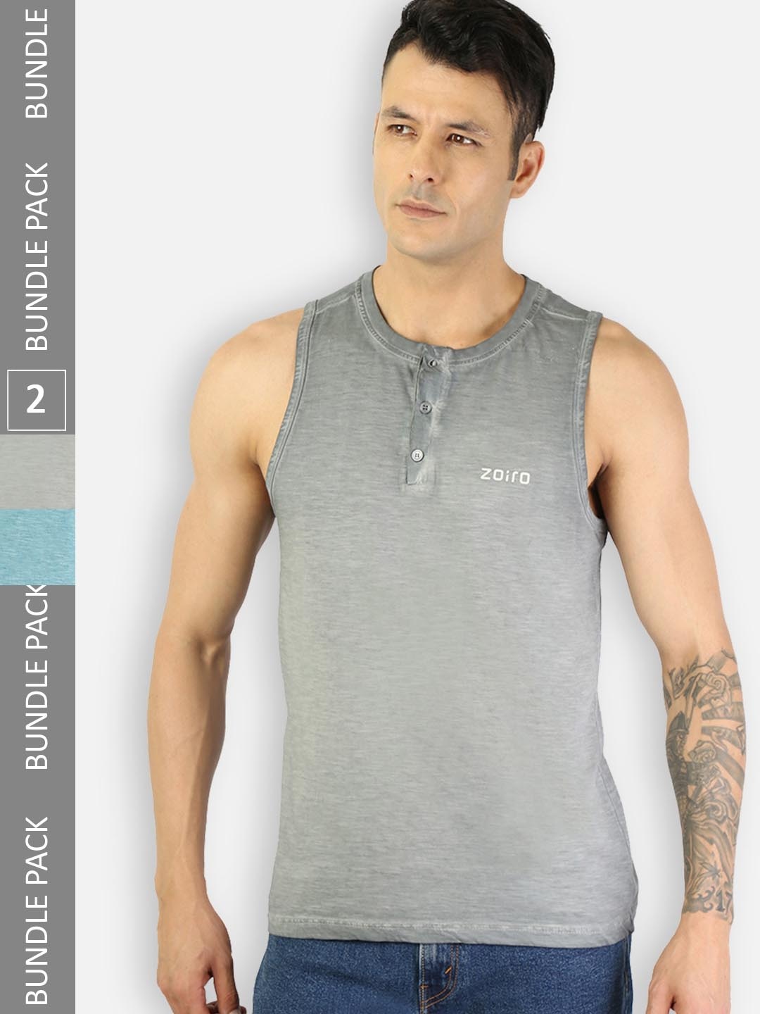 

Zoiro Pack Of 2 Pure Cotton Bio Wash Sleeveless Innerwear Vests, Grey