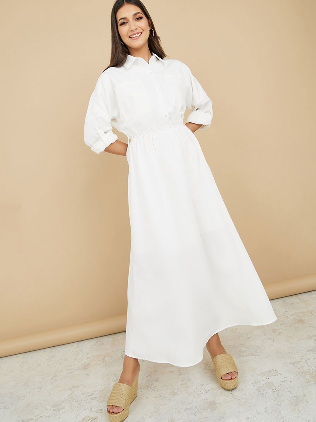 

Styli Roll-Up Sleeves Belted Shirt Maxi Dress, White