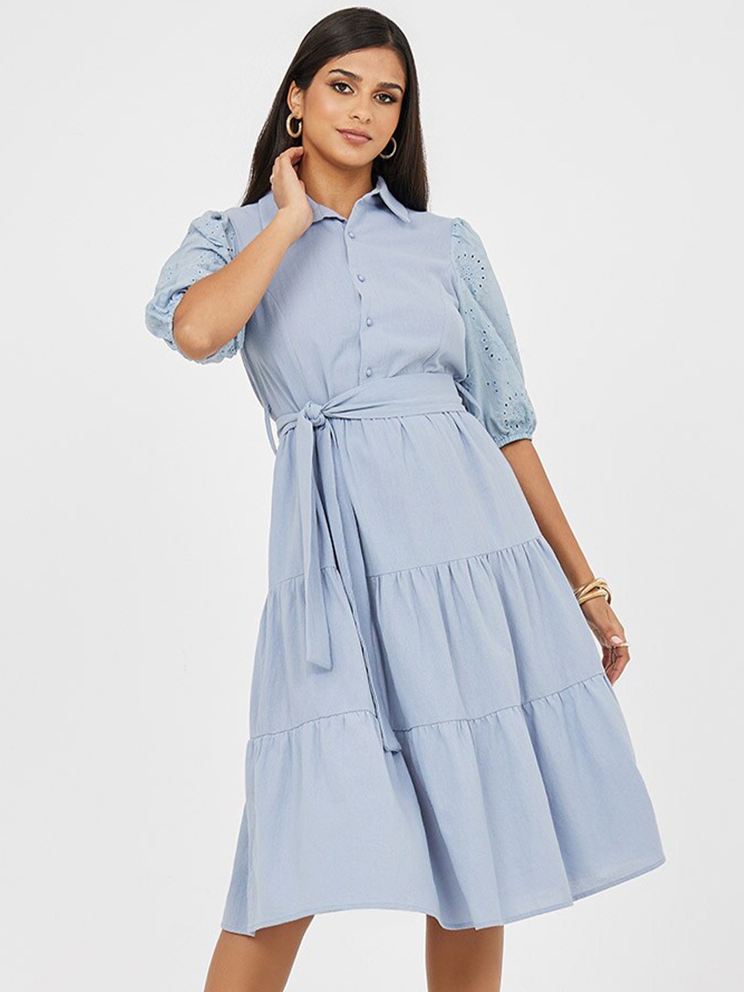 

Styli Puff Sleeves Tiered Cotton Shirt Midi Dress, Blue