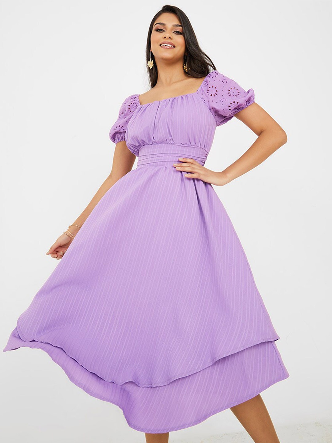 

Styli Square Neck Puff Sleeves Cotton Fit & Flare Dress, Purple