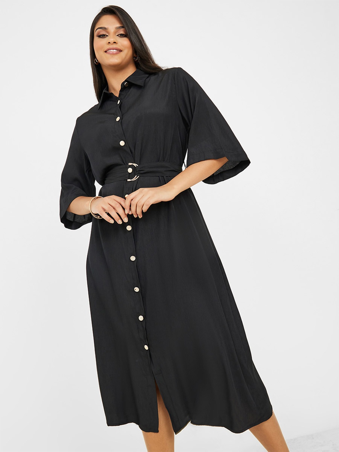 

Styli Shirt Collar Belted Shirt Midi Dress, Black