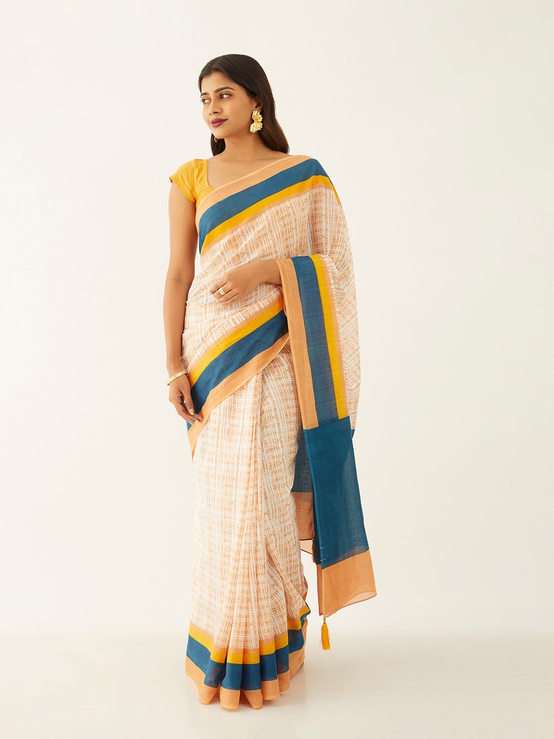 

Taneira Checked Pure Cotton Block Printed Saree, Orange