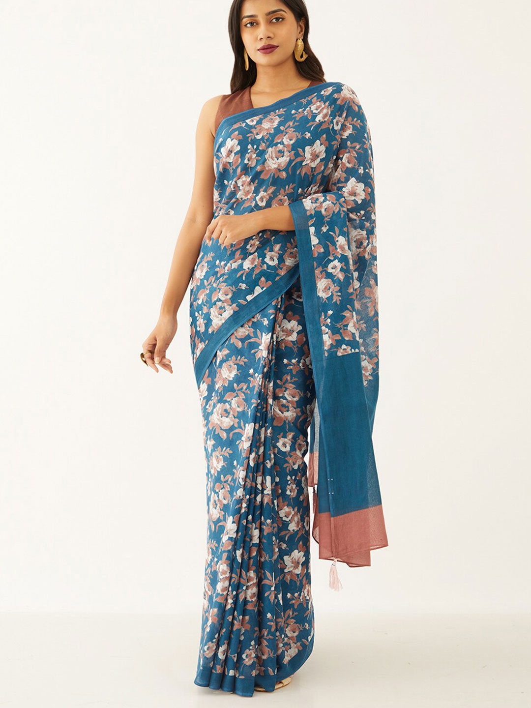 

Taneira Floral Block Print Pure Cotton Saree, Blue