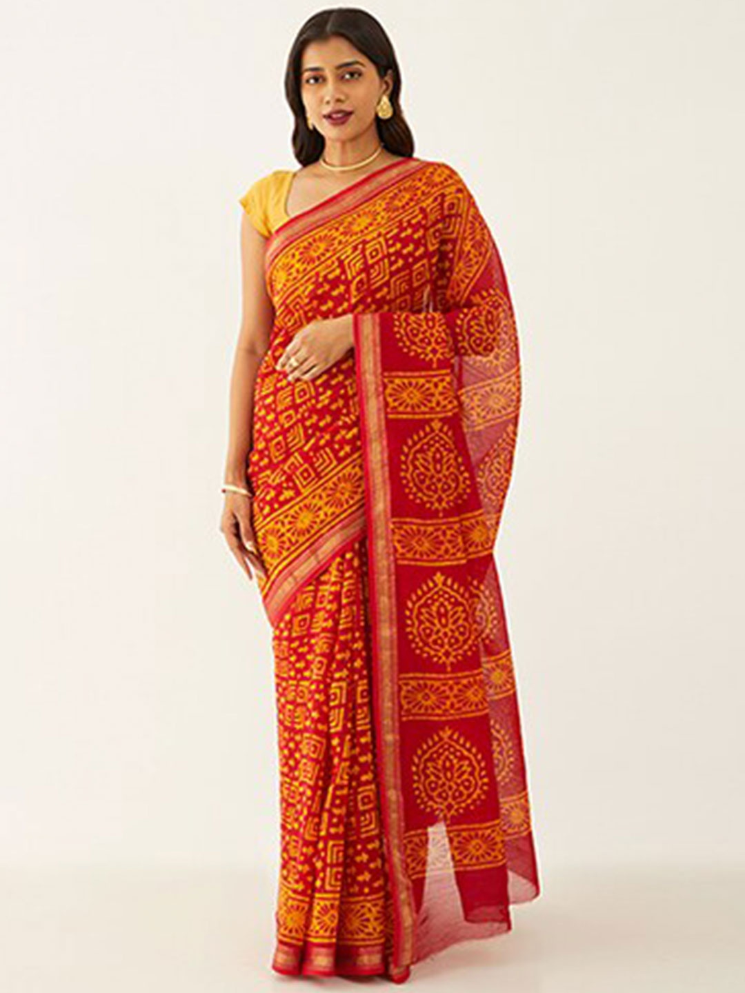 

Taneira Ethnic Motifs Block Print Zari Silk Cotton Saree, Red