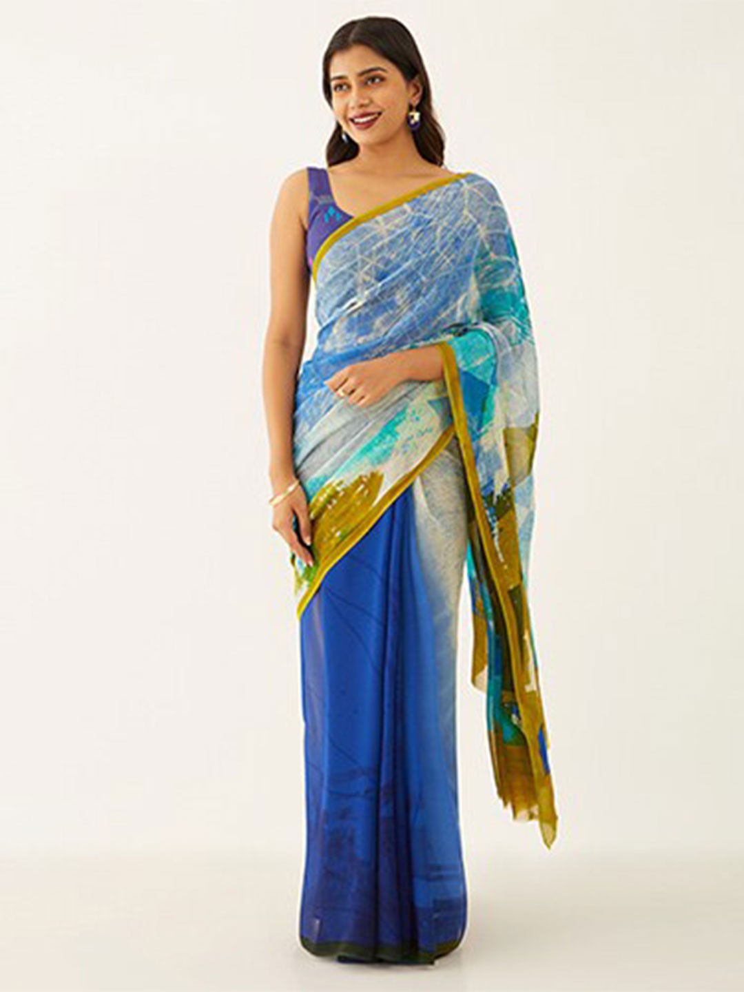 

Taneira Abstract Block Printed Saree, Blue