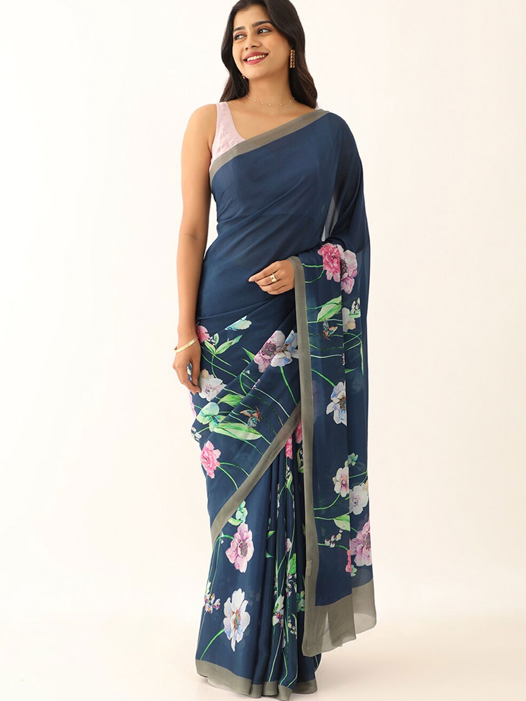 

Taneira Floral Block Printed Saree, Blue