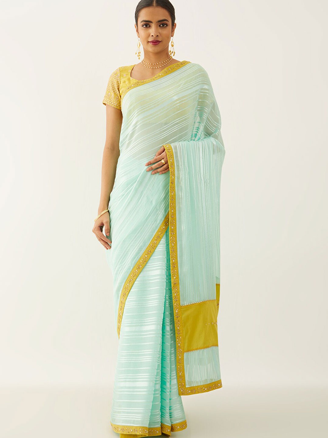 

Taneira Striped Beads and Stones Embellished Saree, Blue