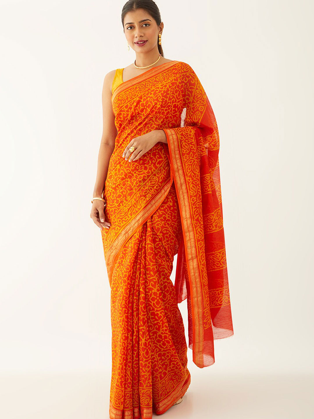

Taneira Ethnic Motifs Printed Zari Silk Cotton Block Print Saree, Orange