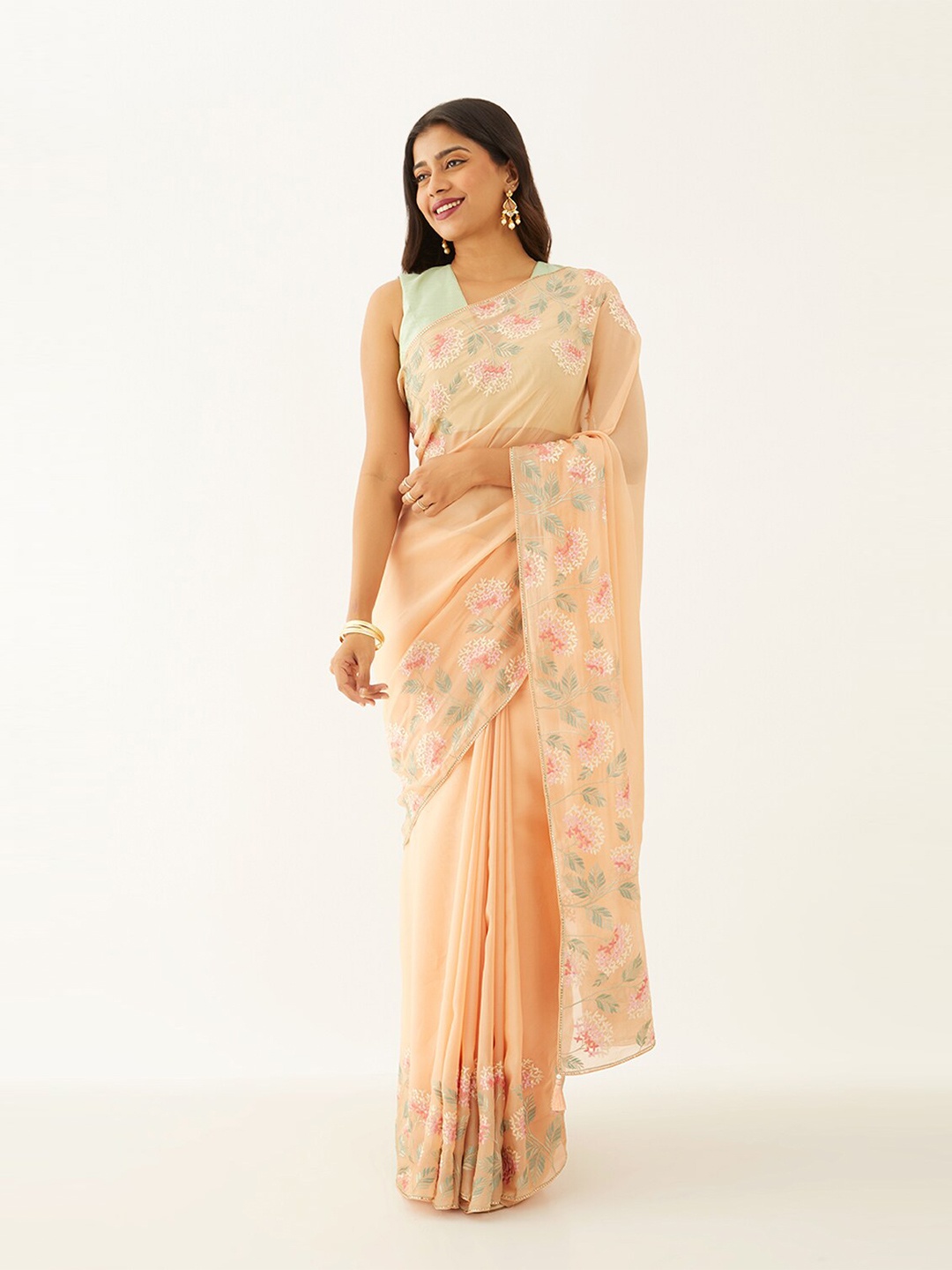 

Taneira Floral Embroidered Saree, Orange