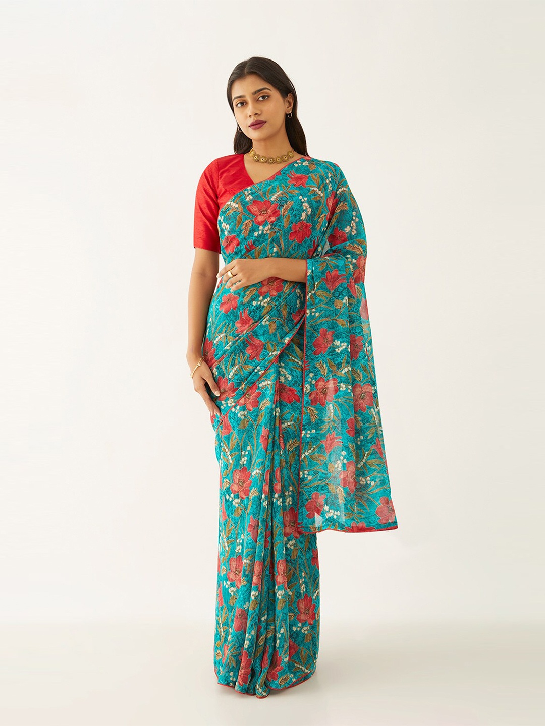 

Taneira Floral Block Printed Saree, Blue