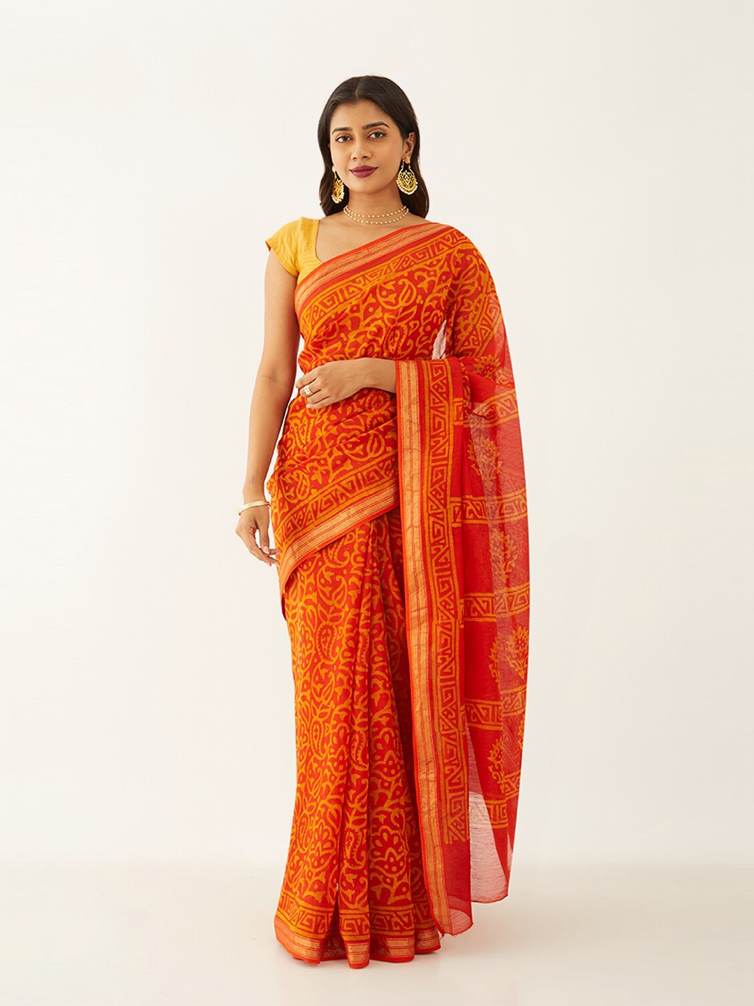 

Taneira Ethnic Motifs Block Printed Zari Silk Cotton Saree, Orange