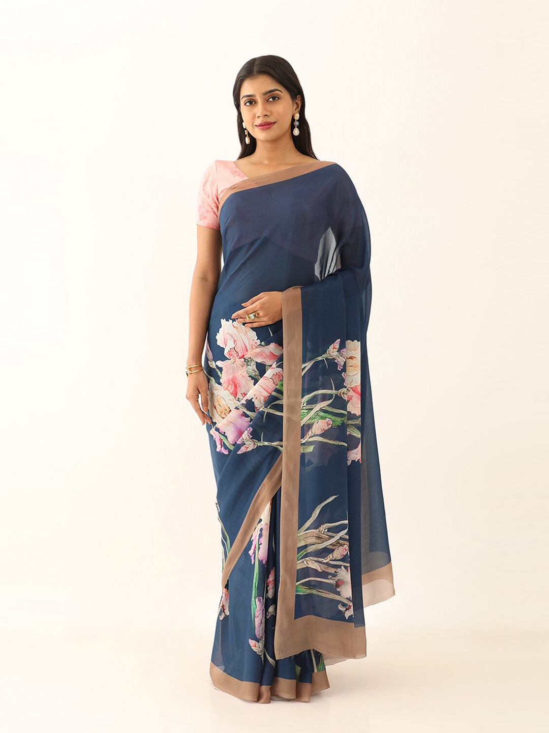 

Taneira Floral Block Printed Saree, Blue