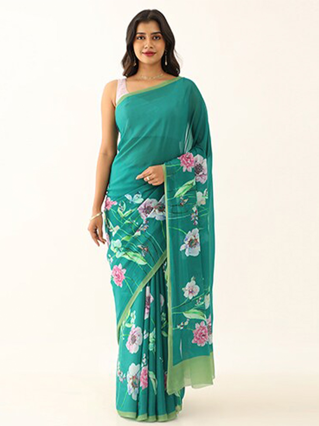 

Taneira Floral Block Printed Saree, Green