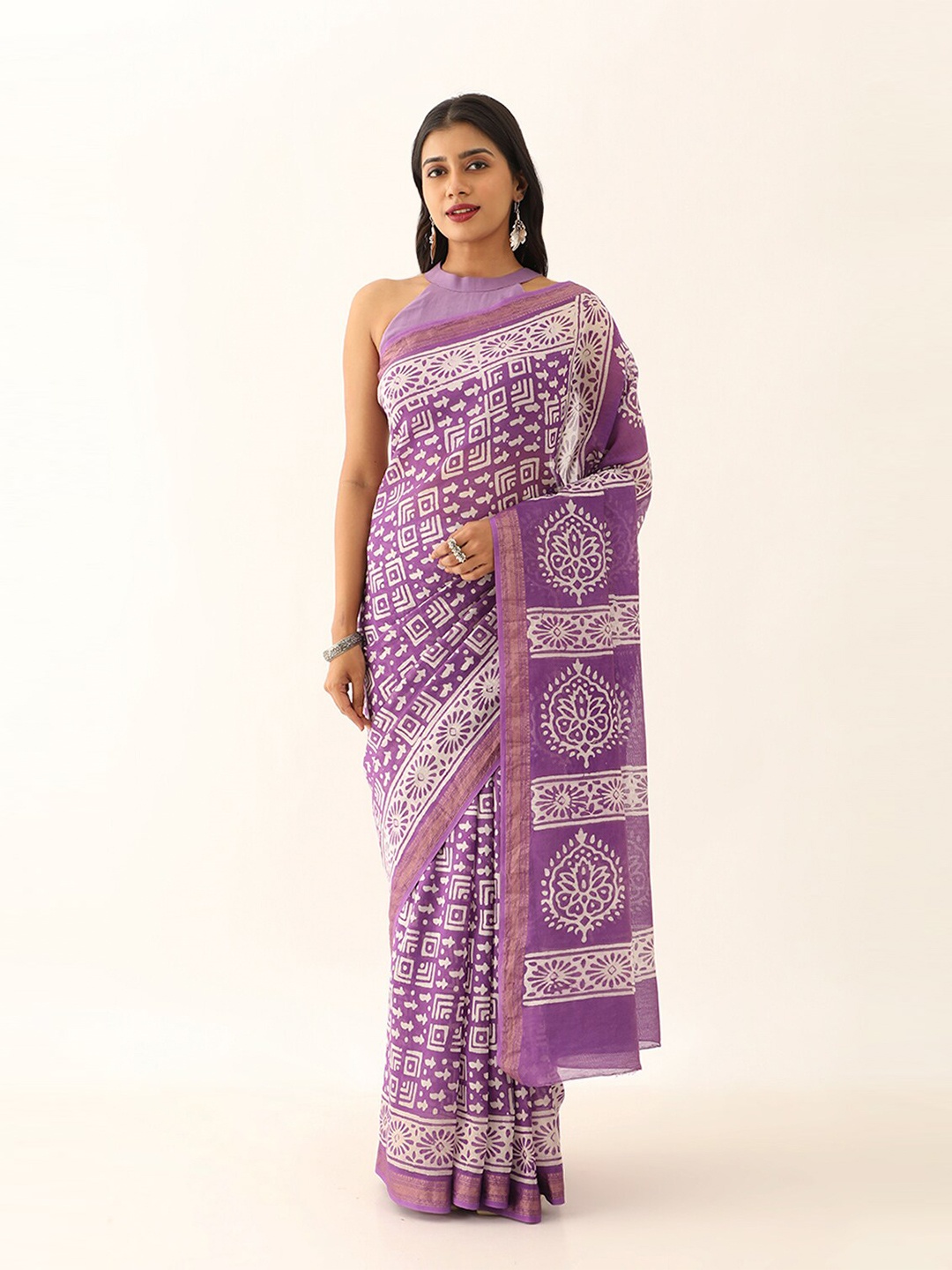 

Taneira Ethnic Motifs Block Printed Zari Silk Cotton Saree, Purple