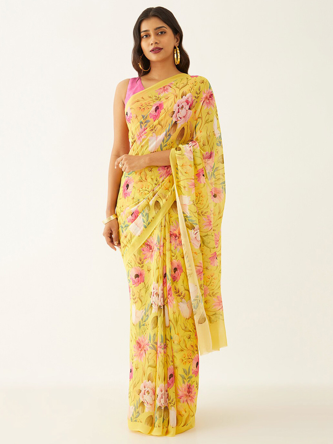 

Taneira Floral Block Printed Saree, Yellow