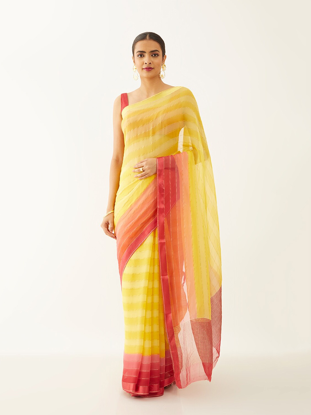 

Taneira Striped Pure Chiffon Saree, Yellow