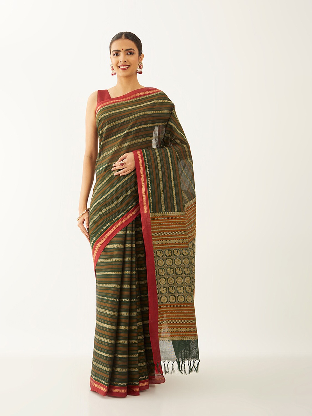 

Taneira Striped Pure Cotton Saree, Green