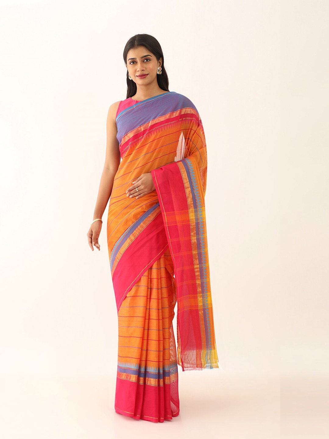 

Taneira Striped Zari Pure Cotton Chettinad Saree, Yellow