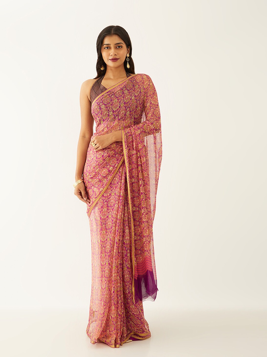 

Taneira Floral Printed Zari Pure Chiffon Saree, Purple