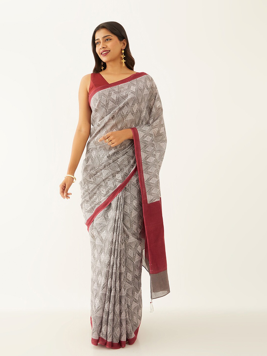 

Taneira Pure Cotton Block Printed Saree, Grey