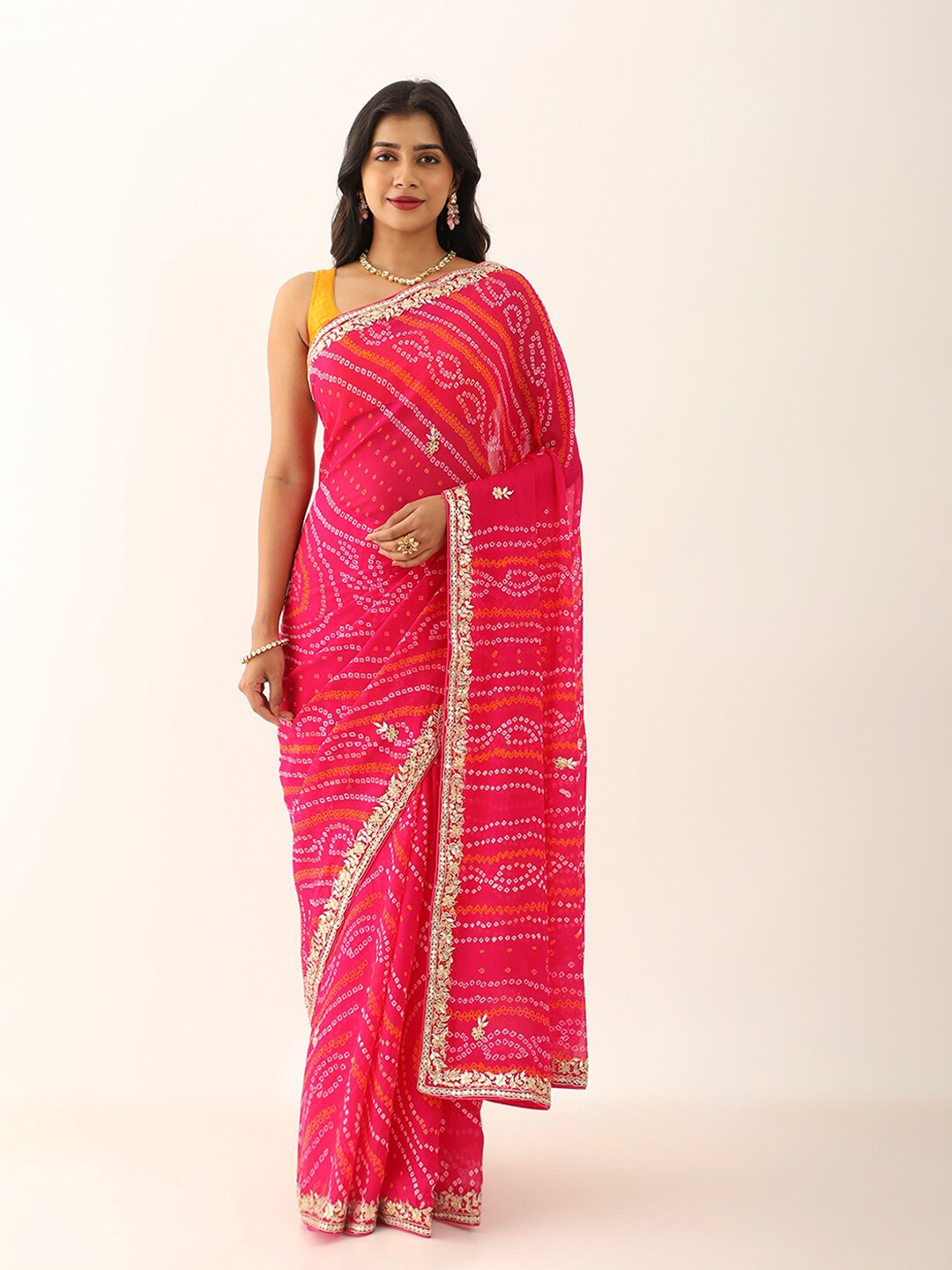 

Taneira Embroidered Pure Chiffon Bandhani Saree, Pink