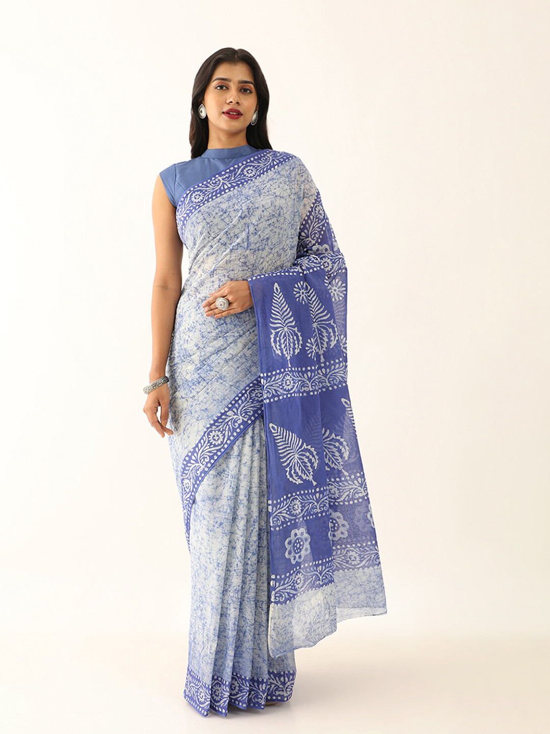 

Taneira Pure Cotton Block Print Saree, White