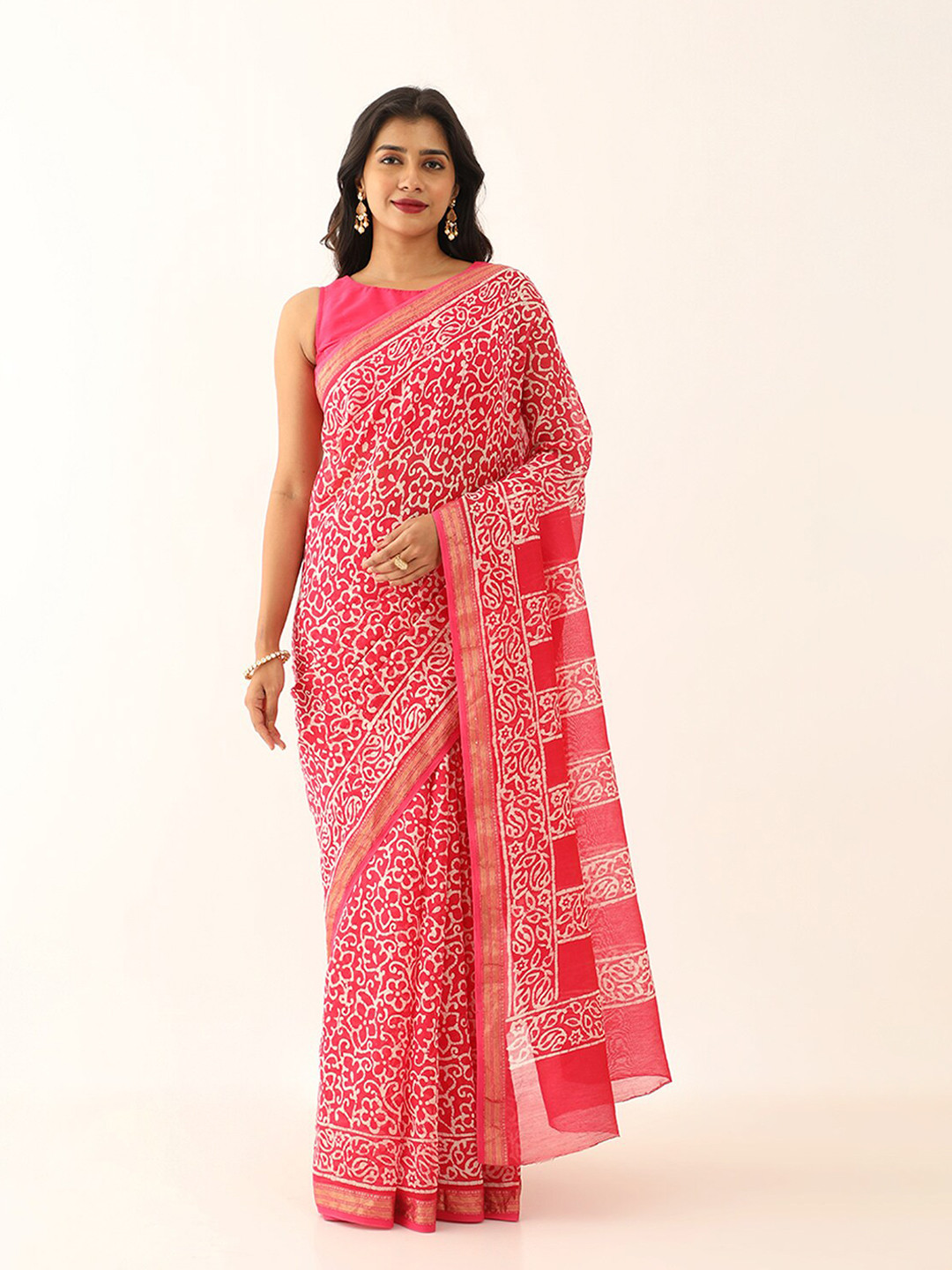 

Taneira Ethnic Motifs Zari Silk Cotton Block Print Saree, Pink
