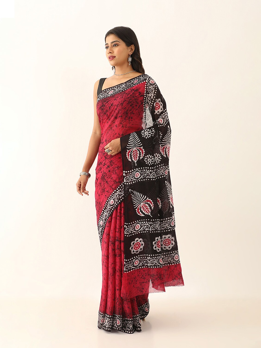 

Taneira Ethnic Motifs Pure Cotton Block Print Saree, Red