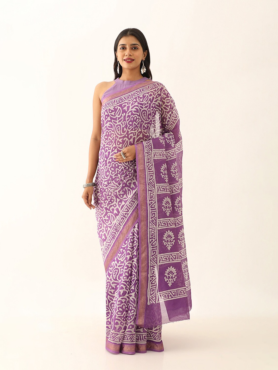 

Taneira Ethnic Motifs Zari Silk Cotton Block Print Saree, Purple