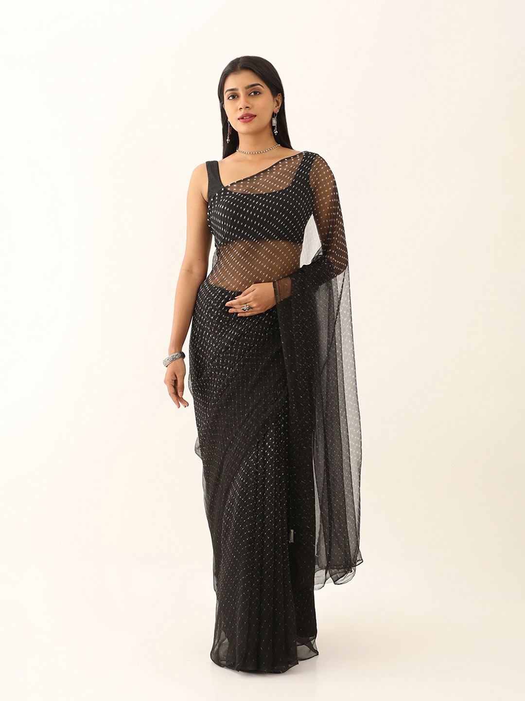 

Taneira Polka Dot Pure Georgette Saree, Black