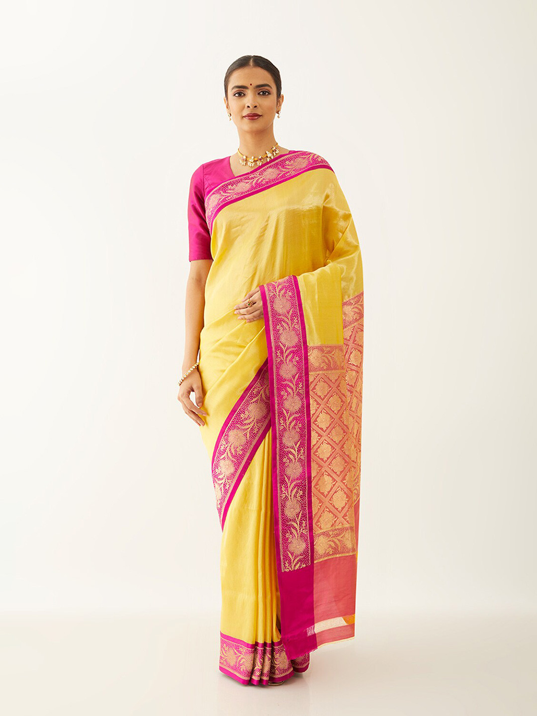

Taneira Woven Design Zari Pure Silk Banarasi Saree, Yellow