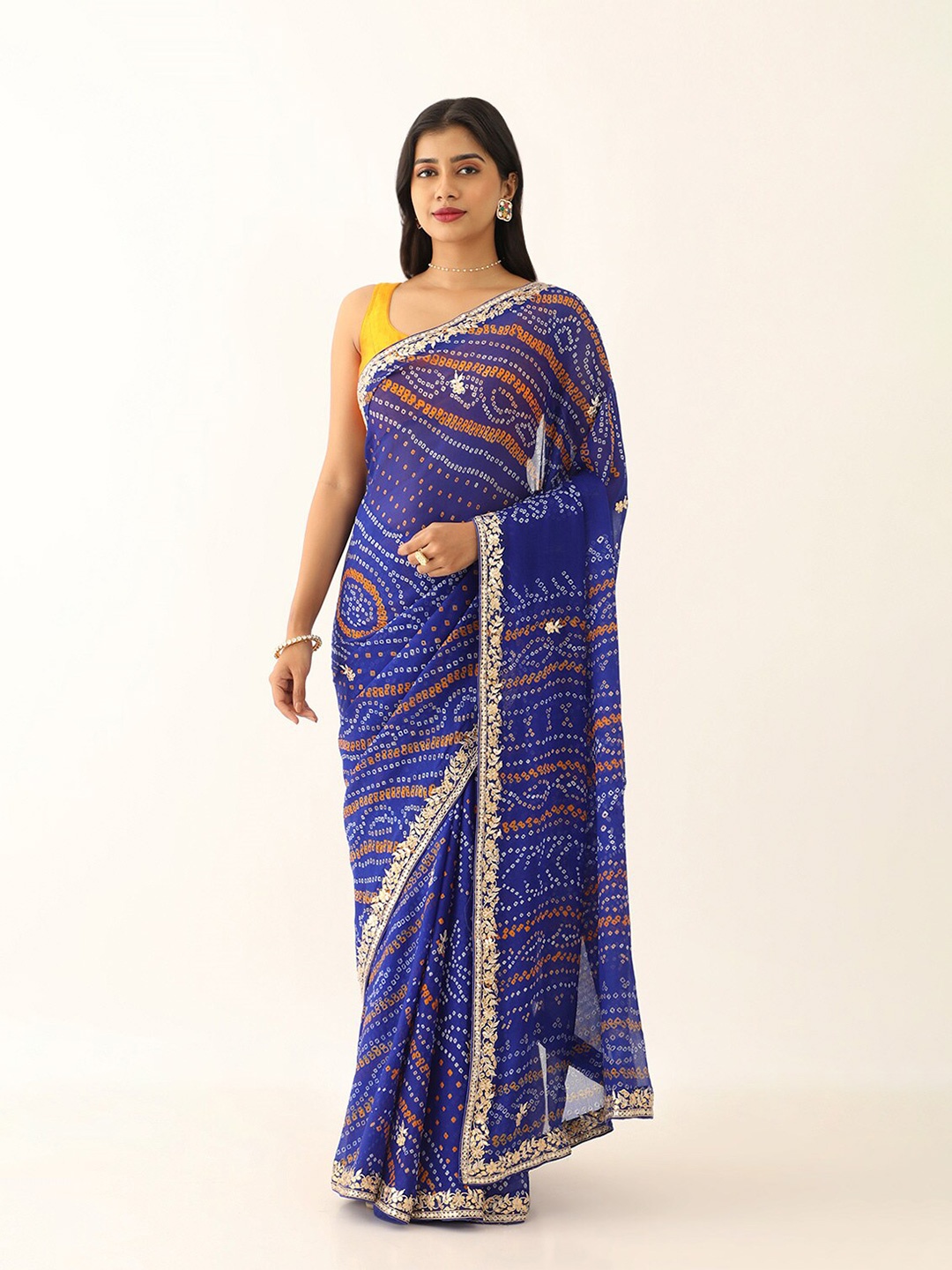 

Taneira Printed Gotta Patti Pure Chiffon Bandhani Saree, Blue