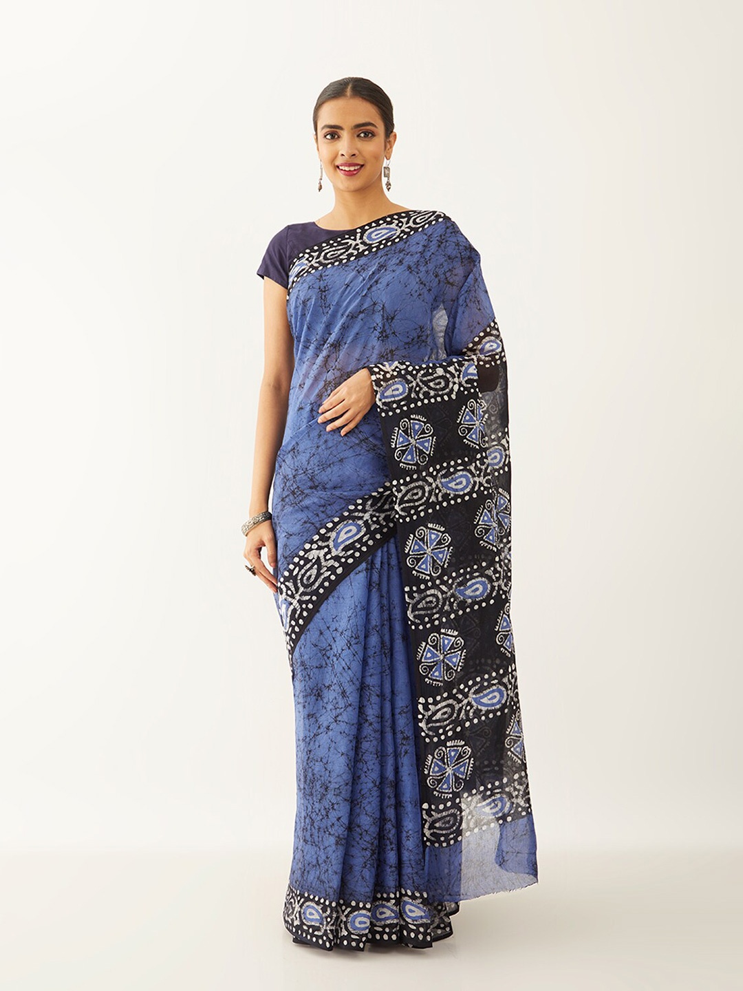 

Taneira Ethnic Motifs Printed Pure Cotton Saree, Blue