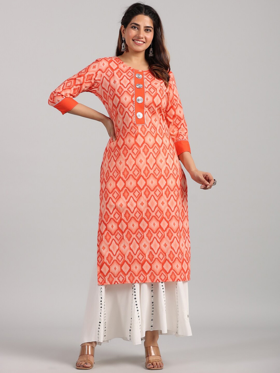 

PARCHHAI Geometric Printed Cotton Kurta, Orange