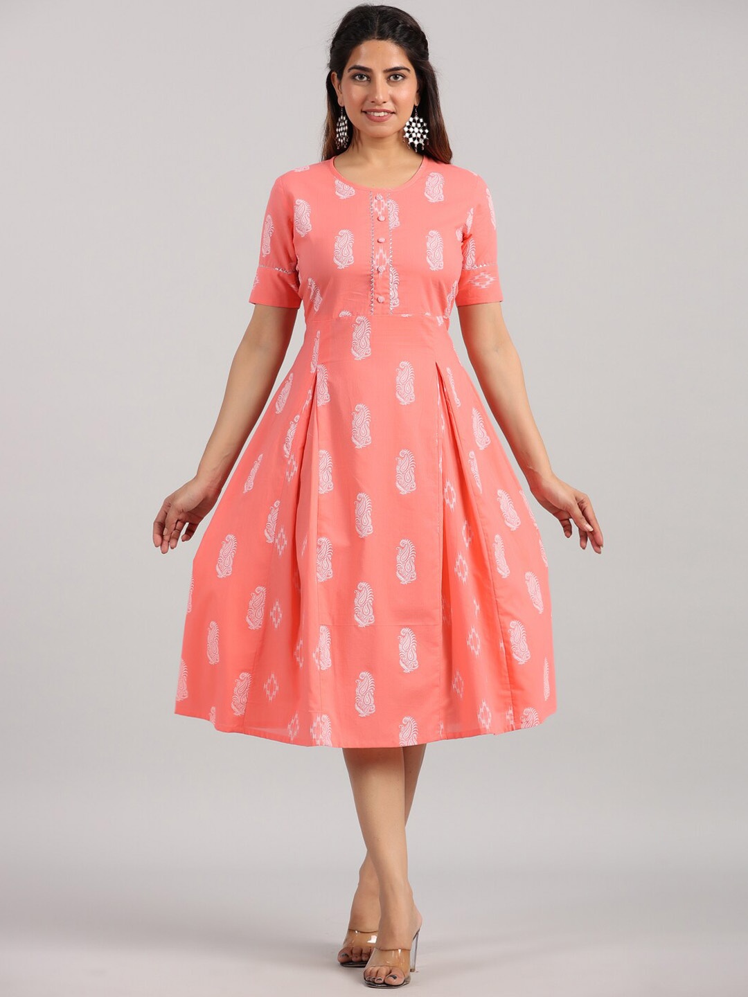

PARCHHAI Ethnic Motifs Printed Ethnic Dress, Peach
