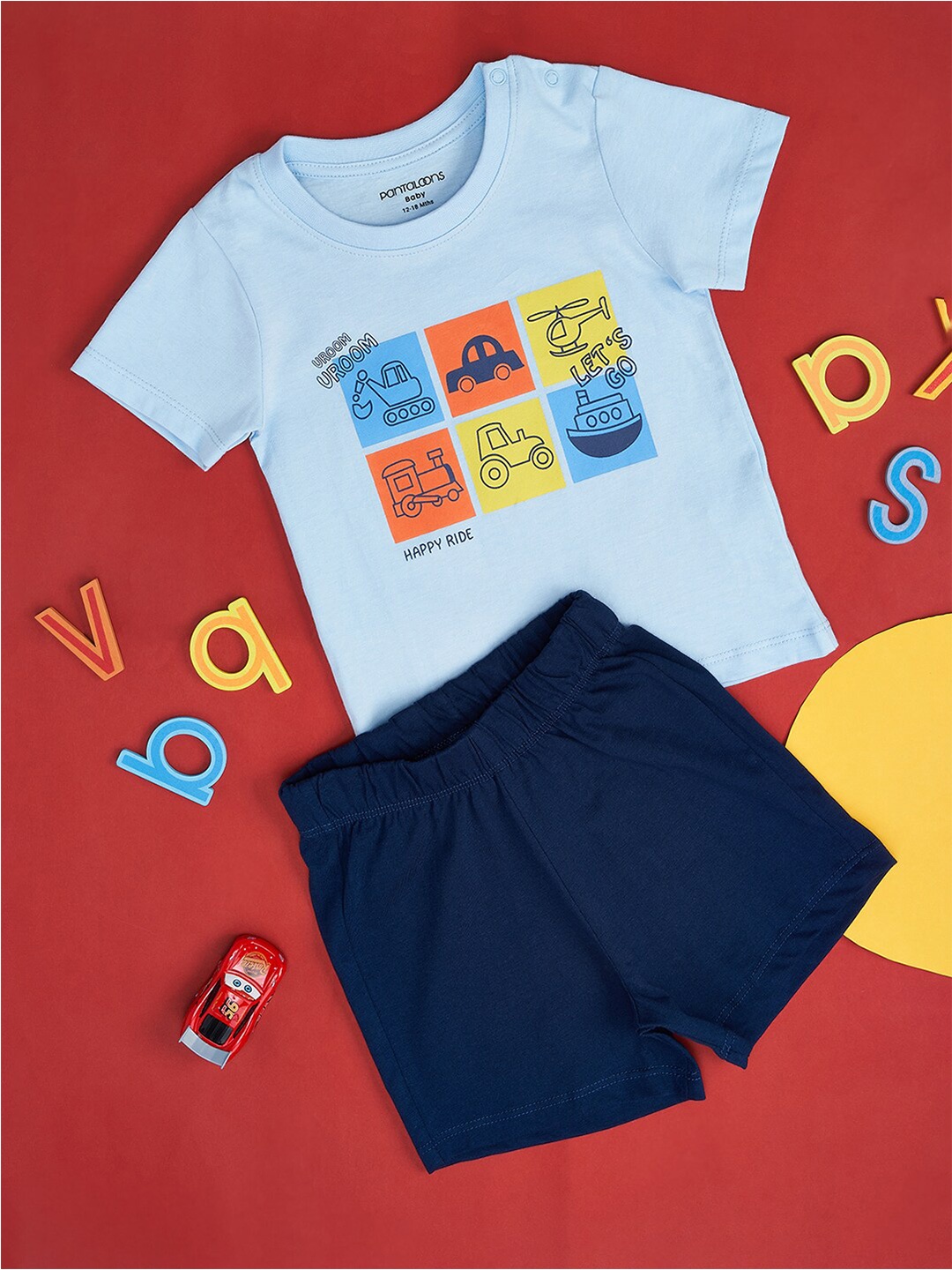 

Pantaloons Baby Boys Printed Pure Cotton T-shirt With Shorts, Blue