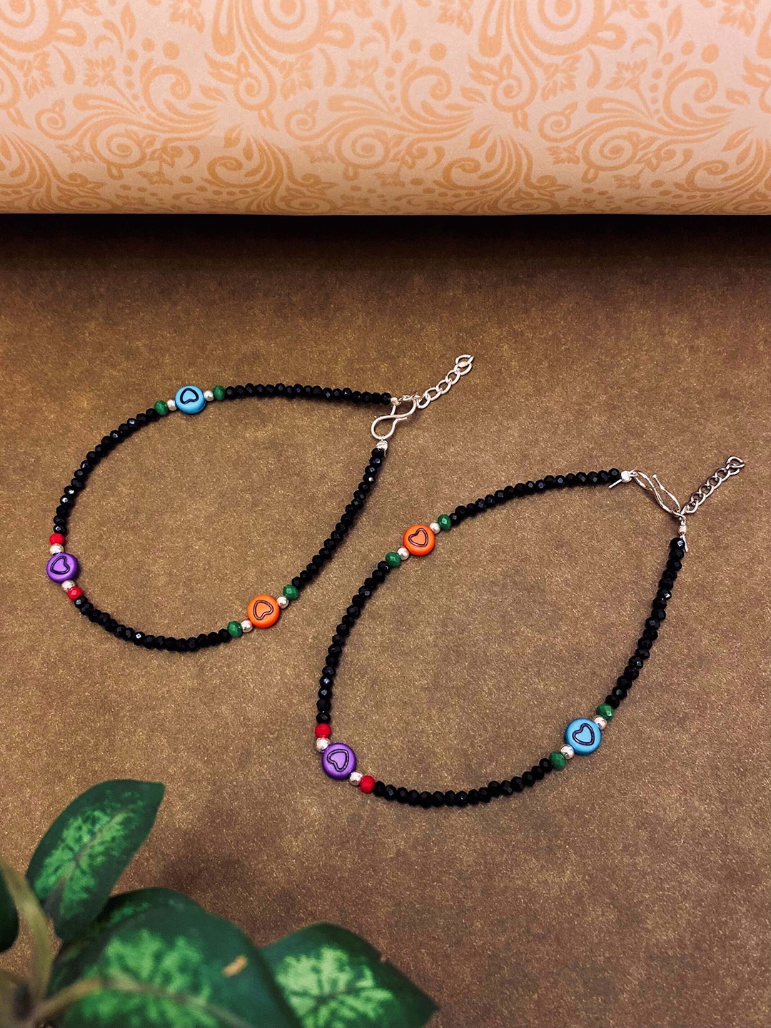 

ATIBELLE Set Of 2 Silver-Plated Stone Studded & Beaded Anklets