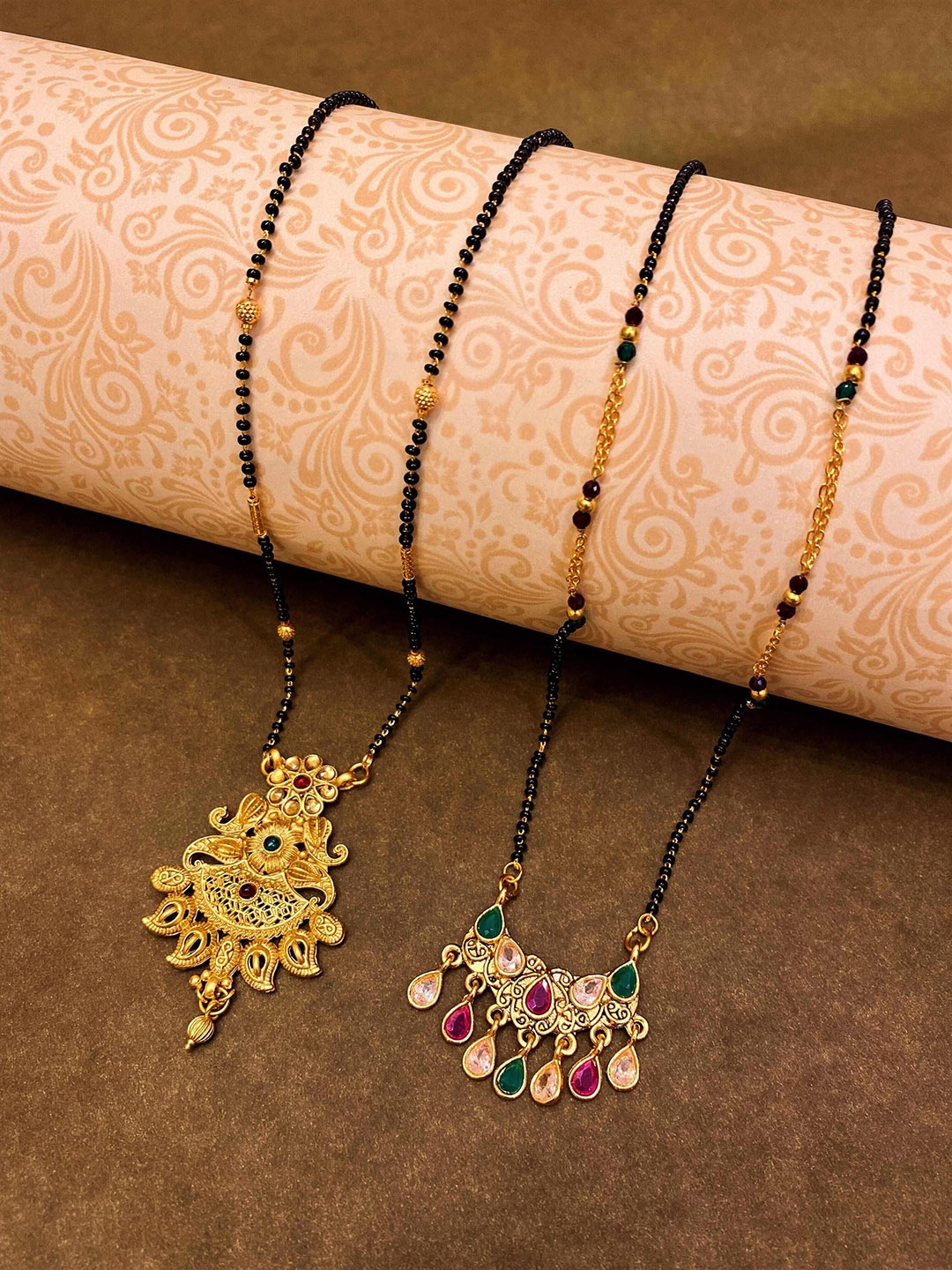 

ATIBELLE Set Of 2 Gold-Plated Stone-Studded & Beaded Mangalsutra