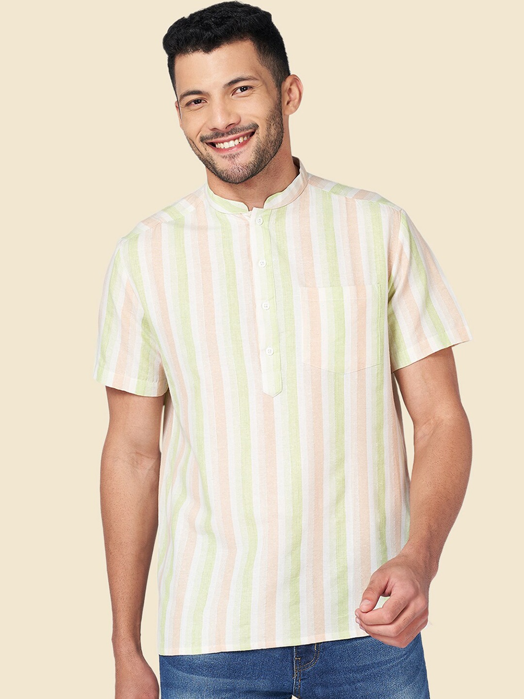 

YU by Pantaloons Mandarin Collar Striped Straight Short Kurta, Green