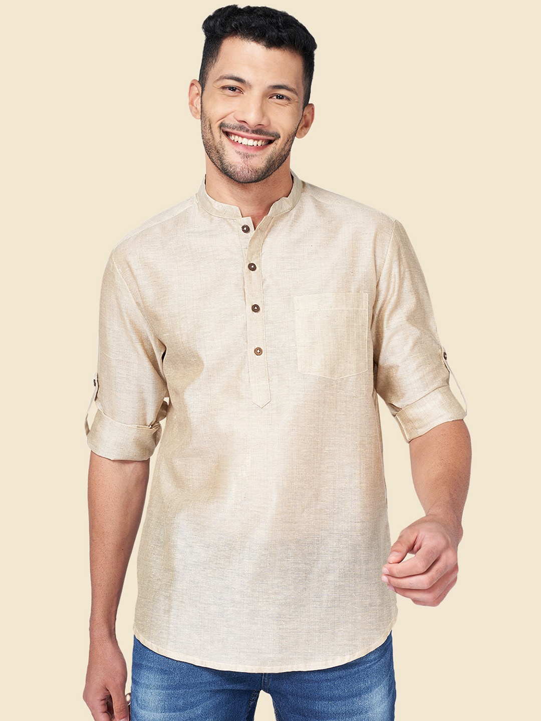 

YU by Pantaloons Manadrin Collar Roll-Up Sleeves Short Kurta, Beige
