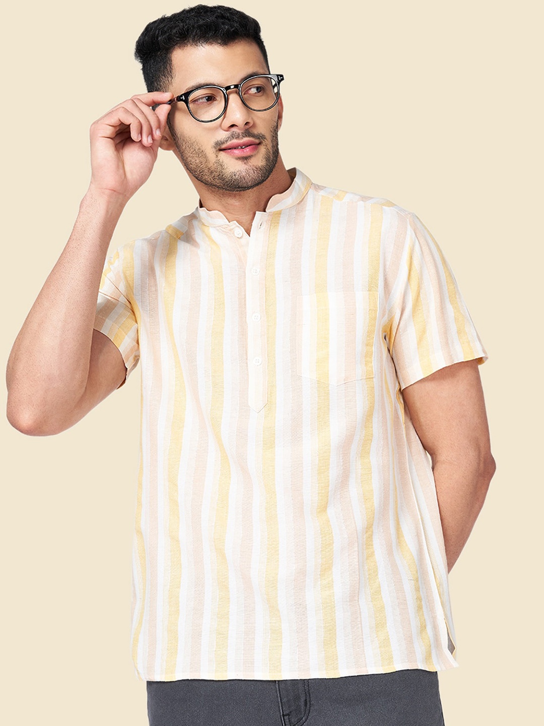 

YU by Pantaloons Mandarin Collar Striped Straight Cotton Short Kurta, Mustard