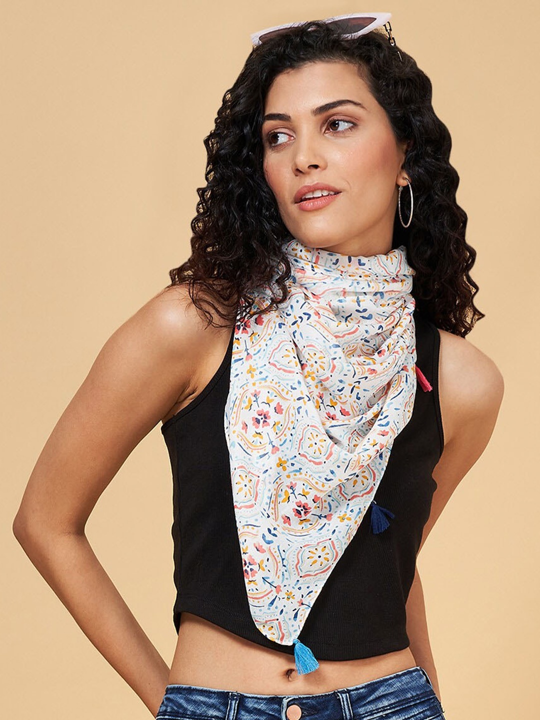 

Honey by Pantaloons Ethnic Motifs Printed Tasseled Scarf, White