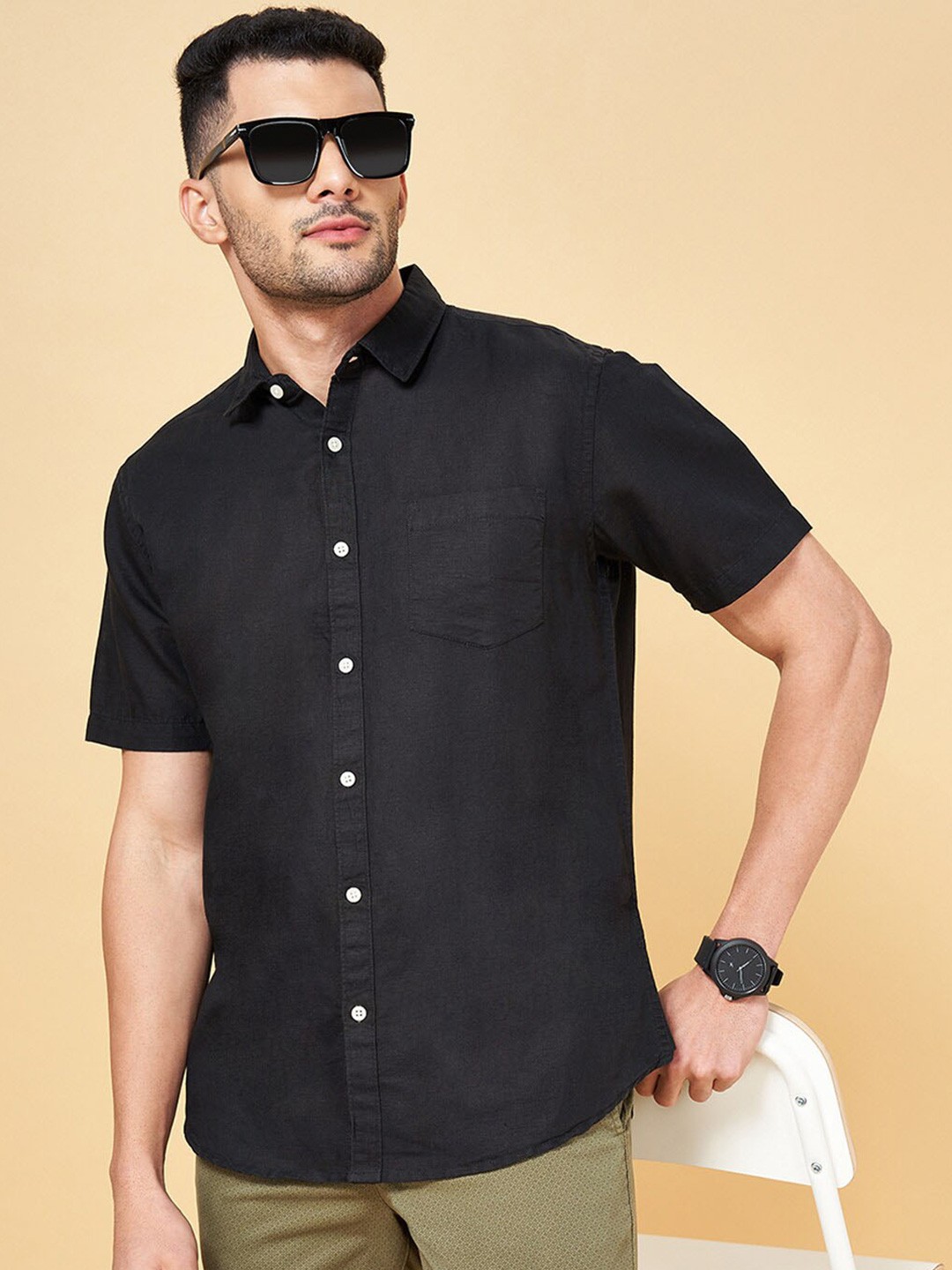 

BYFORD by Pantaloons Short Sleeve Casual Cotton Shirt, Black